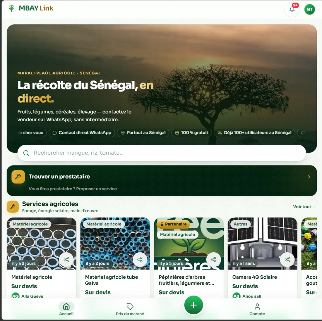 Capture d'écran réelle de MBAY Link, marketplace agricole sénégalaise conçue par Niaks Tech