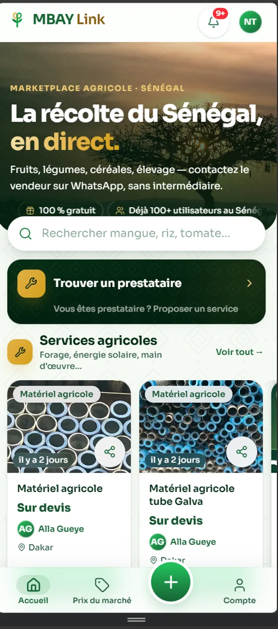 MBAY Link sur mobile — l'accueil réel de l'application